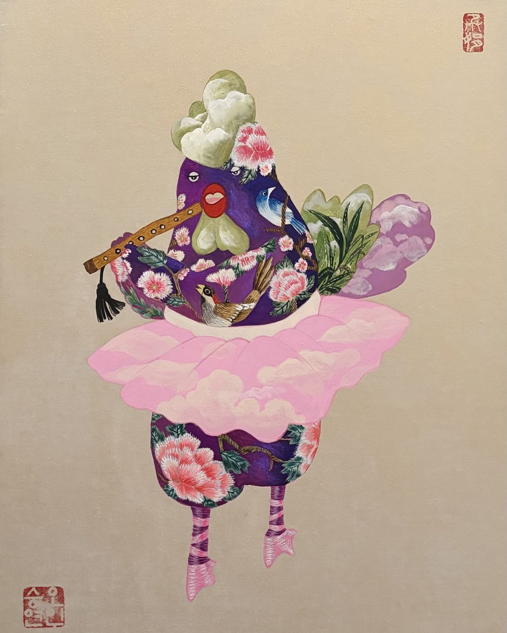오승연 작 〈발레복을 입은 보라색 치킨〉 — 한국 민화 스타일의 작품